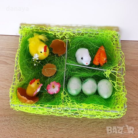 Декорация за Великден мини градинка с пиленца яйца и зайче 19x15x5см, снимка 4 - Декорация за дома - 24545078
