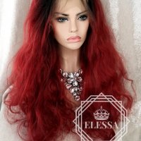 Lace Front LUXYRY WIG ELESSA Дълга Бургундско Червена Омбре Перука Код 1046, снимка 6 - Аксесоари за коса - 25714873