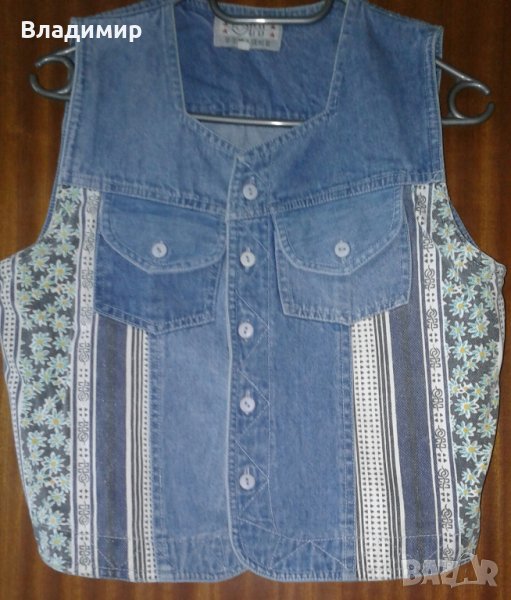 Дамски син дънков елек с флорални мотиви, снимка 1