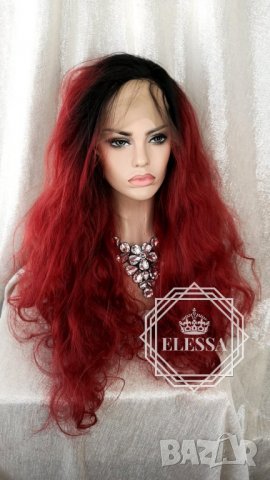 Lace Front LUXYRY WIG ELESSA Дълга Бургундско Червена Омбре Перука Код 1046, снимка 6 - Аксесоари за коса - 25714873