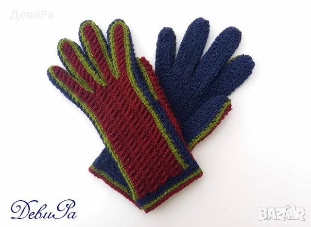 Плетени ръкавици ,,Зимни - сини с бордо горница и зелен контур", снимка 11 - Ръкавици - 24009581