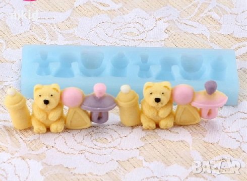 Бебешки биберон дрънкалка биберон мече Борд кант силиконов молд форма за украса торта с фондан шокол