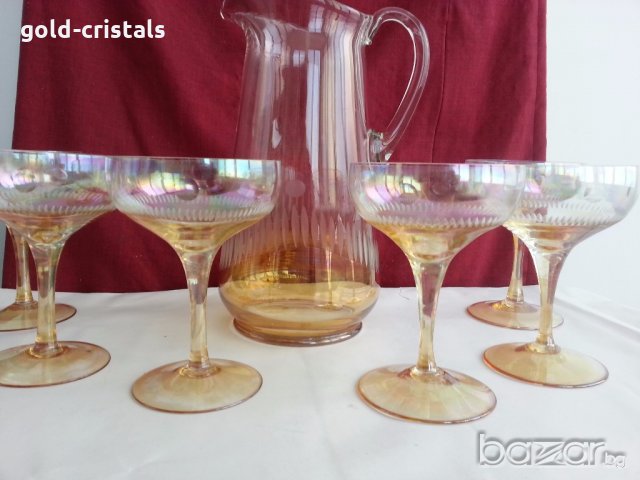 Ретро стъклени чаши за вино кана и чаши перлени и гравирани , снимка 2 - Антикварни и старинни предмети - 20343831