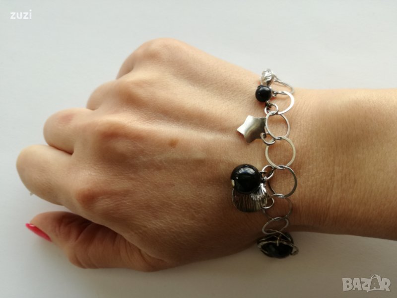 Италианска сребърна гривна с оникс и черни кристали  925-сребро , снимка 1