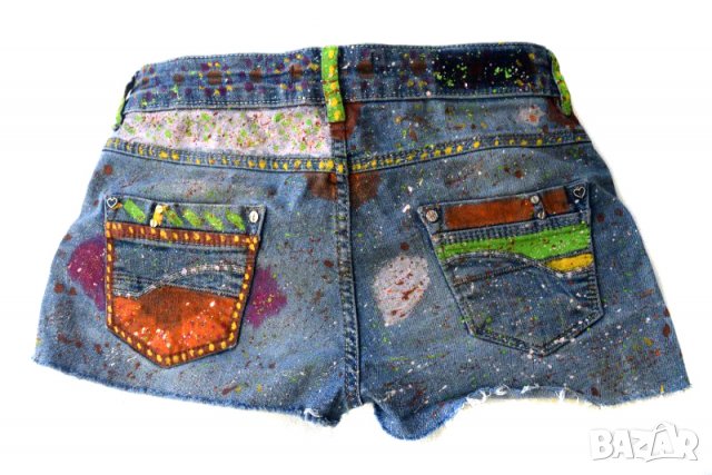 Къси дънкови панталонки ръчно оцветени, снимка 2 - Дънки - 23438717