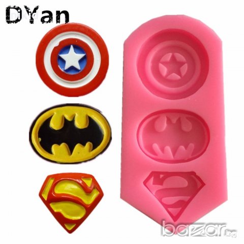 Капитан Америка Супермен Батман герои троен лого силиконов молд форма декорация украса торта фондан 