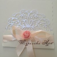 Сватбена покана в бяла перла,екрю и праскова, снимка 1 - Декорация - 20767179