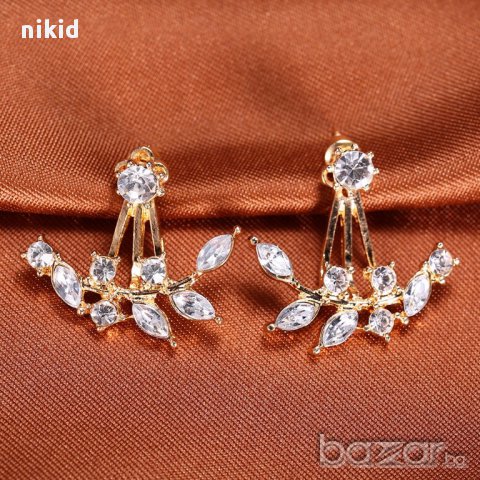 нежни дамски обеци обици листенца с камъчета, снимка 2 - Обеци - 15514854