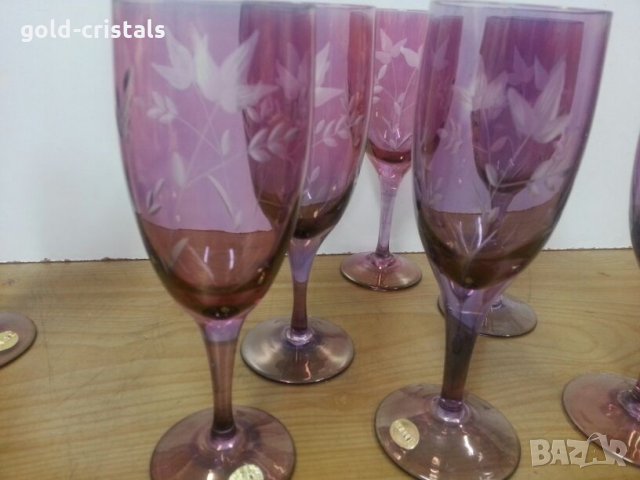  кристални чаши за вино цветно стъкло гравирани, снимка 6 - Антикварни и старинни предмети - 22458362
