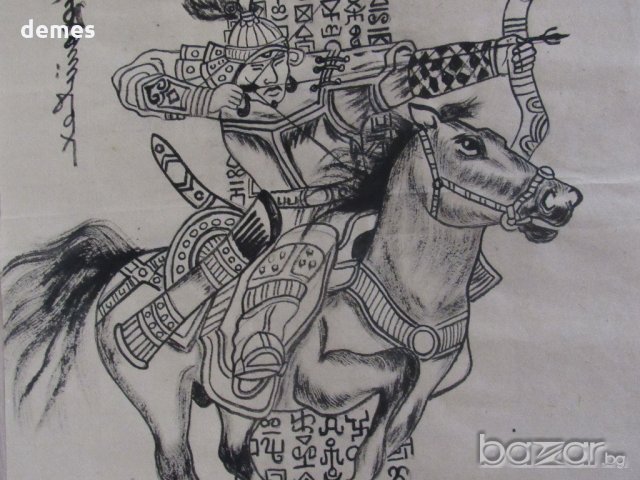 Картина Чингиз хан на кон върху оризова хартия от Монголия, снимка 11 - Колекции - 20252981