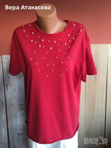 Тениска Zara с перли,наситено червен цвят, снимка 1