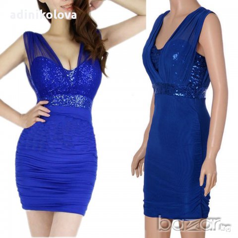 Турско синя рокля с пайети, снимка 1 - Рокли - 10643394