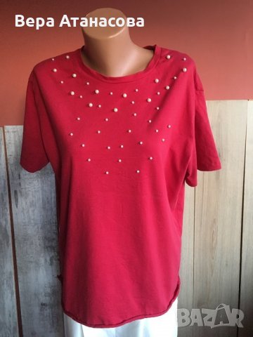 Тениска Zara с перли,наситено червен цвят, снимка 1 - Тениски - 26176595