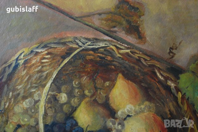 Стара картина, натюрморт, кошница с плодове, 1960-те год., снимка 6 - Картини - 24025679