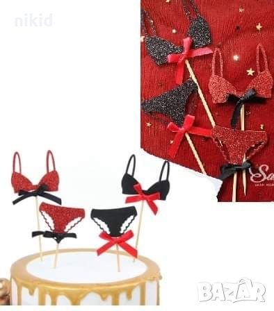 дамско бельо бикини сутиен червен черен брокат картон топери за торта украса ергенско моминско парти, снимка 1