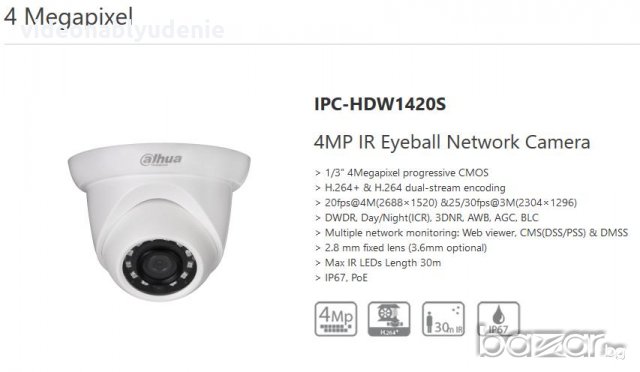 Широкоъгълна Dahua IPC-HDW1420S 4Mpx 2688x1520 Ударо/Водоустойчива IP Камера Аналитични Функции IP67