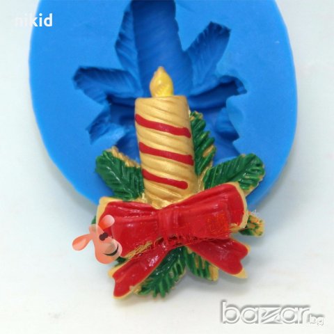 Коледна свещ овал с панделка и клонка силиконов молд за украса декор торта фондан шоколад