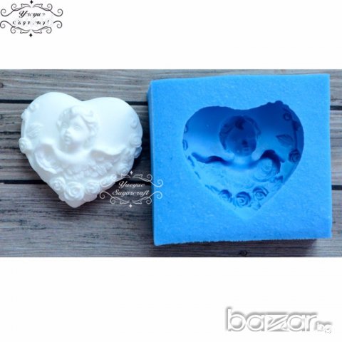 01 Ангелче глава в сърце ангел силиконов молд форма декорация и украса торта фондан шоколад