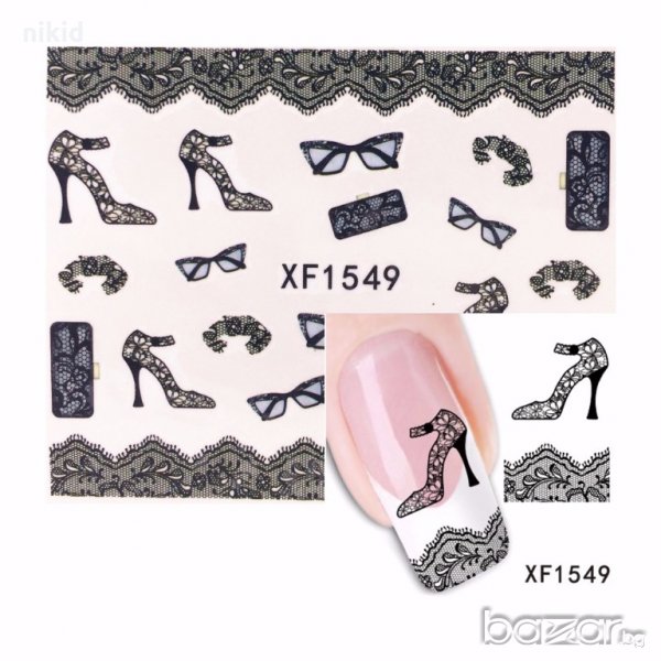 1549 черна дантела  токчета и  очила ваденки водни стикери за нокти маникюр, снимка 1