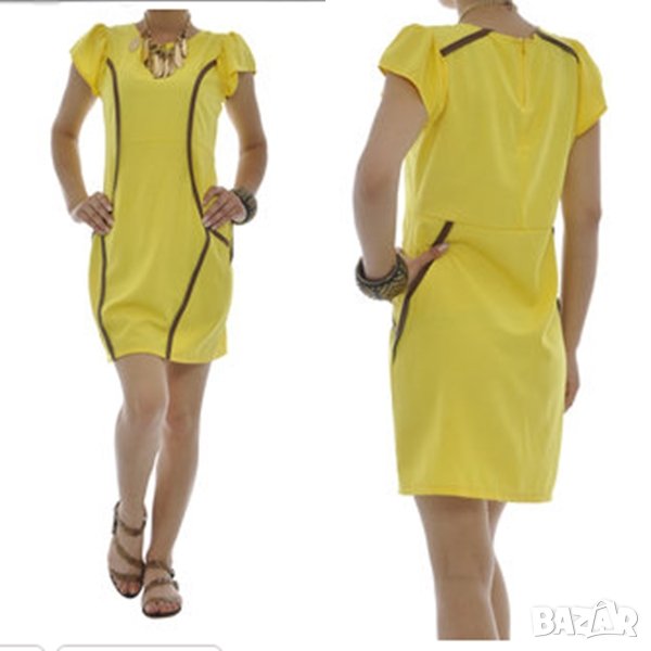 Малка жълта рокля с кафяви елементи М, снимка 1