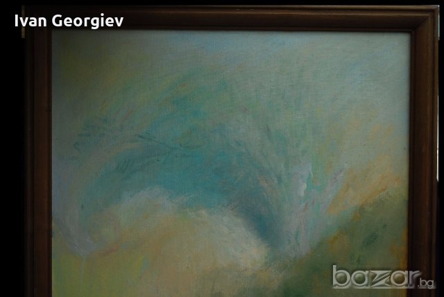 Голяма стара картина, пейзаж, Б.Русенов, 1993 г., 105х72 см., снимка 3 - Други ценни предмети - 18616110