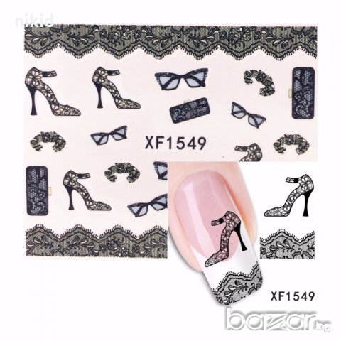 1549 черна дантела  токчета и  очила ваденки водни стикери за нокти маникюр