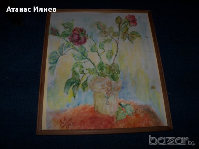 " Рози" - красив стар акварел от 1989г., снимка 5 - Картини - 10269500