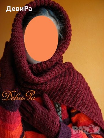 Комплект - плетени ръкавици и шал ,,Зима в бордо", снимка 4 - Шапки - 23741329