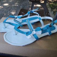 Нови кокетни синьо-бели кожени дамски сандали / летни обувки "Free Sun", естествена кожа, чехли, снимка 8 - Сандали - 18759237