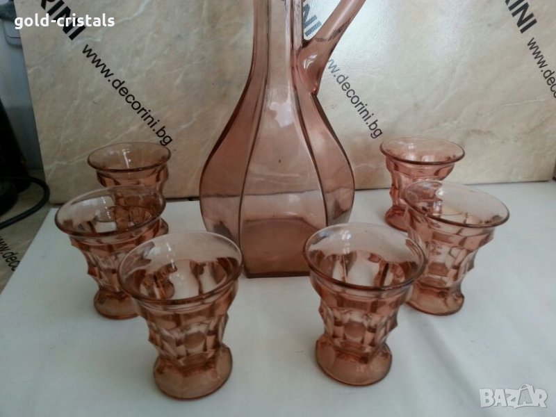 Ретро стъклени чаши и гарафа цветно розово стъкло , снимка 1