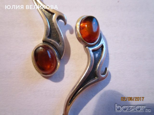 Сребърни обеци с кехлибар, снимка 4 - Обеци - 18465476