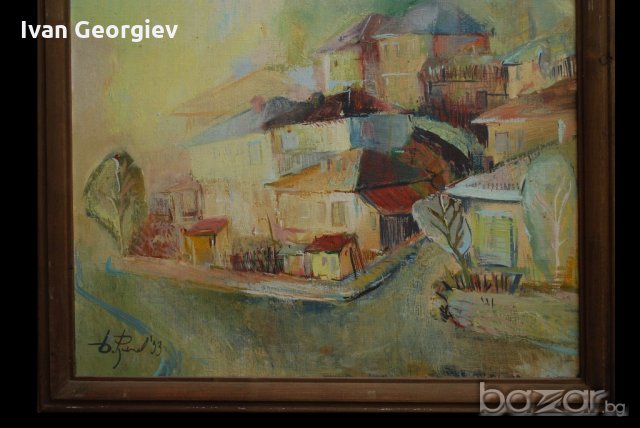 Голяма стара картина, пейзаж, Б.Русенов, 1993 г., 105х72 см., снимка 4 - Други ценни предмети - 18616110