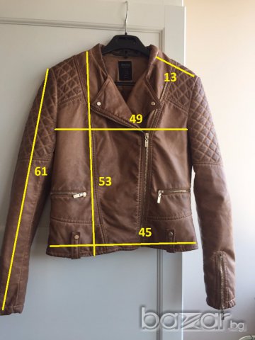 Дамско кожено яке BERSHKA, size M, екокожа, бежово-карамелено, златни ципове, като ново!!!, снимка 9 - Якета - 17756311