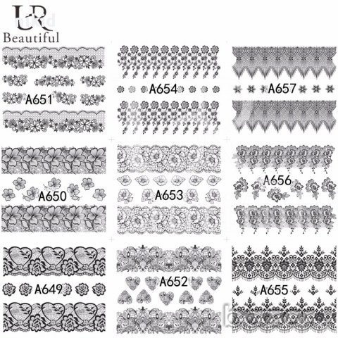 A625-672   48 бр черно бели дантела мрежа татос ваденки водни стикери за нокти маникюр, снимка 2 - Продукти за маникюр - 16866507