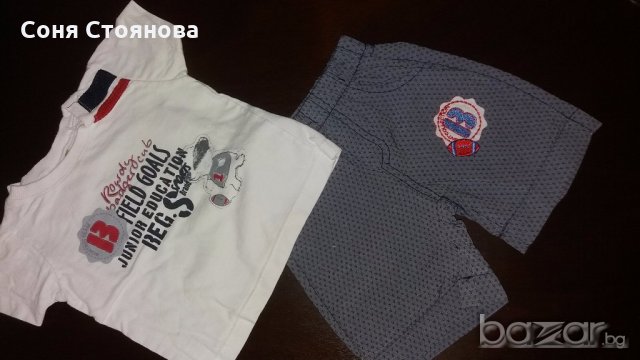 9-12м 80см Комплект тениска и панталонки Материя памук Цвят бяло сиво Без следи от употреба, снимка 1 - Комплекти за бебе - 14042273