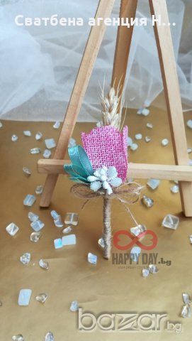 Сватбена бутониера за ревер Миа (лен), снимка 3 - Сватбени аксесоари - 21060971