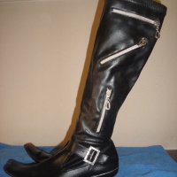Италиански черни кожени дамски ботуши, с декоративни ципове, естествена кожа, зимни обувки, чизми, снимка 5 - Дамски ботуши - 19758410