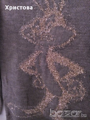 Бежов фин пуловер с бродиран заек с ламе., снимка 2 - Блузи с дълъг ръкав и пуловери - 13619683