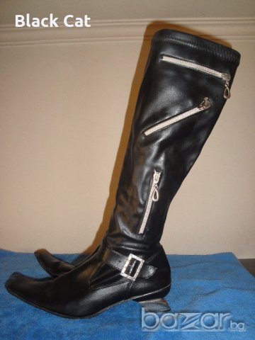 Италиански черни кожени дамски ботуши, с декоративни ципове, естествена кожа, зимни обувки, чизми, снимка 5 - Дамски ботуши - 19758410