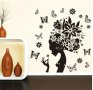 дама с цветя и пеперуди черен стикер лепенка декор за стена и хладилник гардероб врата и др мебел  , снимка 1 - Декорация за дома - 15933465