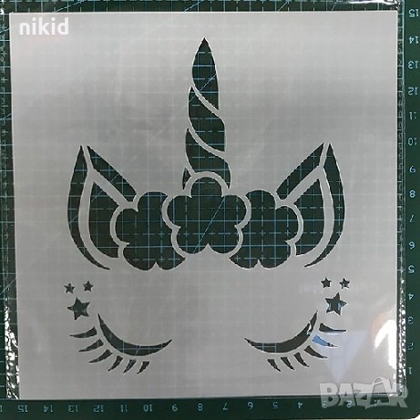 Глава Еднорог квадратен стенсил шаблон спрей за торта украса кекс декорация с пудра захар и боя, снимка 1