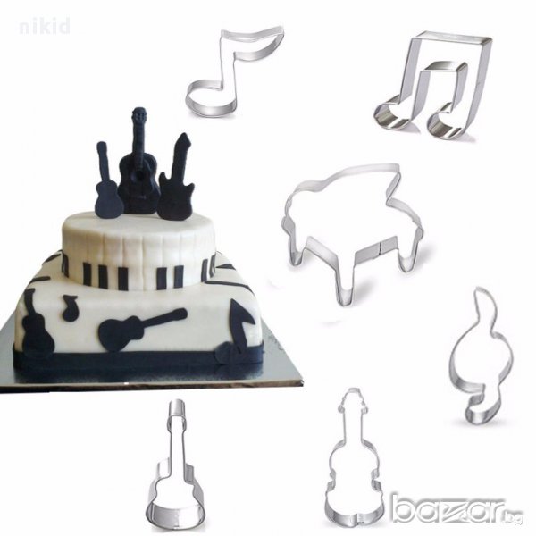 6 вида музика ноти нота китара пиано форми резци декорация бисквитки торта тесто фондан резец форма, снимка 1