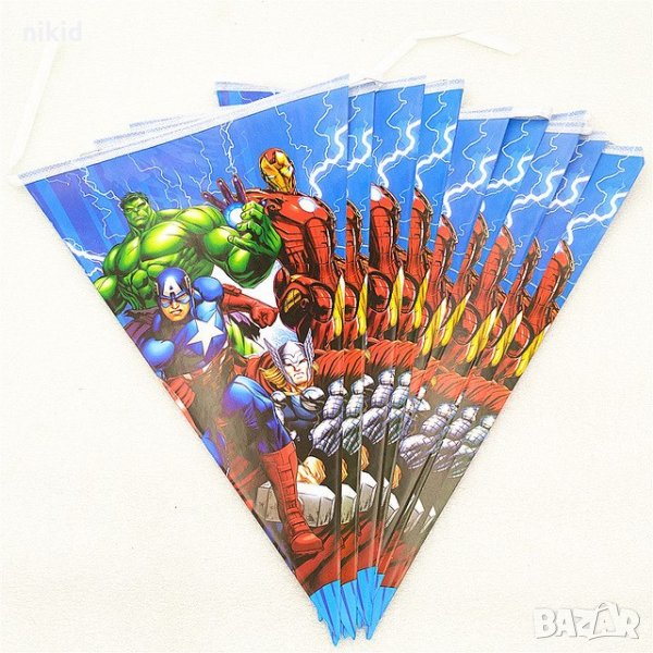 Avengers Отмъстителите герои Капитан Америка Хълк Айрън парти Гирлянд Знаменца Флаг Банер, снимка 1