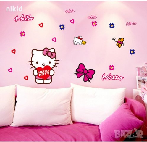 Коте Кити Hello Kitty стикер лепенка за стена или гардероб детска самозалепващ 