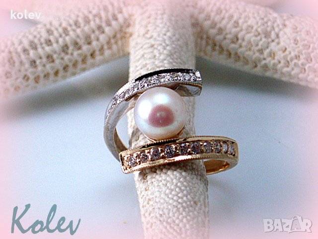 Златен пръстен от бяло и жълто злато с розово-бяла перла 4.87 грама, снимка 6 - Пръстени - 22955772