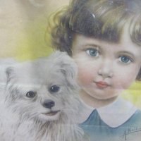 20-те Антикварна Цветна Литография "Дете с куче" Германия, снимка 2 - Антикварни и старинни предмети - 24700810