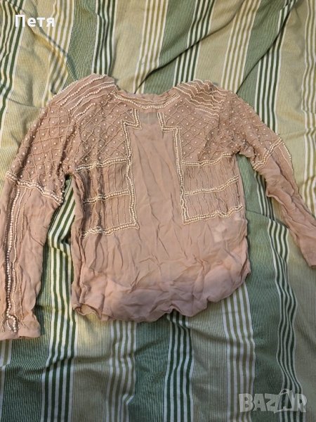 Zara Дамска бежова блуза с перли, снимка 1