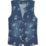 PHILIPP PLEIN SKULL AND ROSES PRINT Мъжки Дънков Елек size XS, снимка 2 - Спортни дрехи, екипи - 7788712