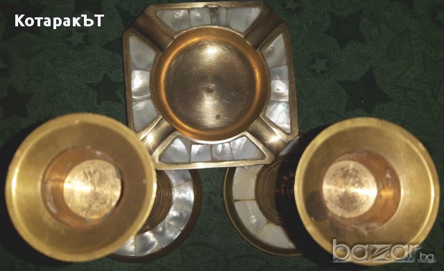 Свещници и Пепелник - Масивен Месинг със Седеф! ЛОТ - 3 бр., снимка 3 - Декорация за дома - 17682370
