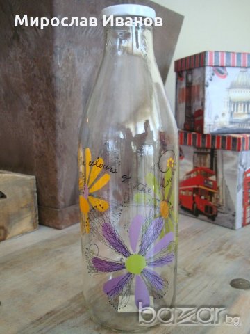 стъклена бутилка 1 литър декорация Цветя, снимка 5 - Други - 21130181